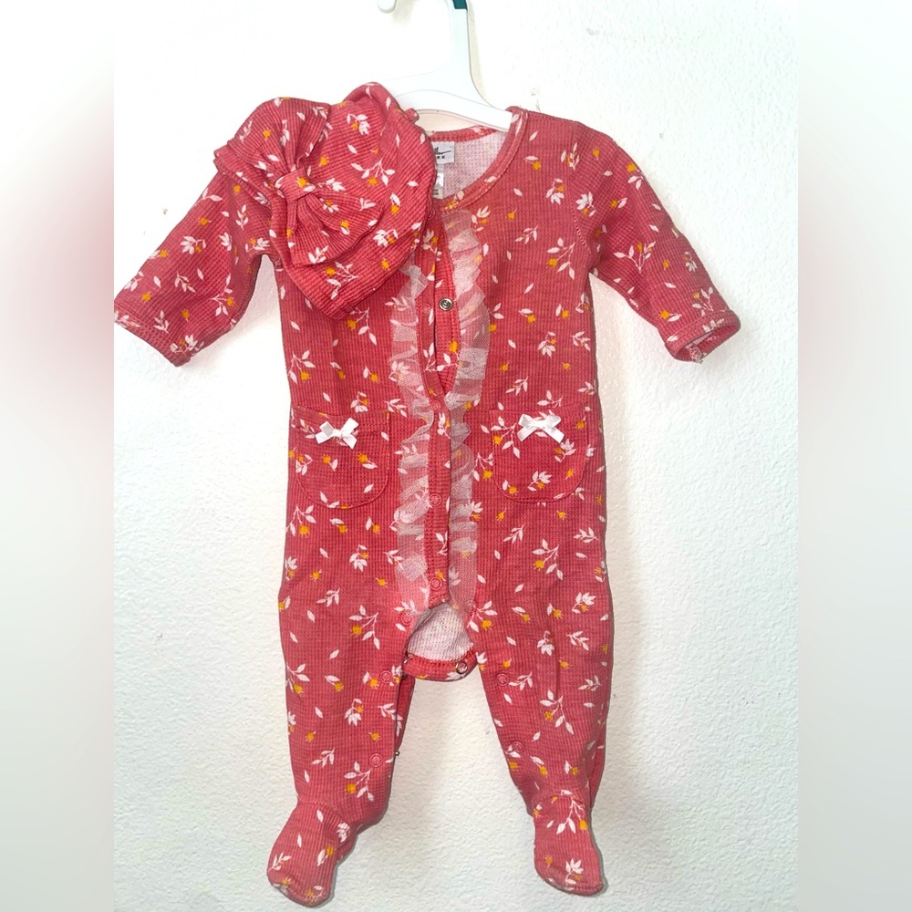 0-3 months one piece set with matching hat.
